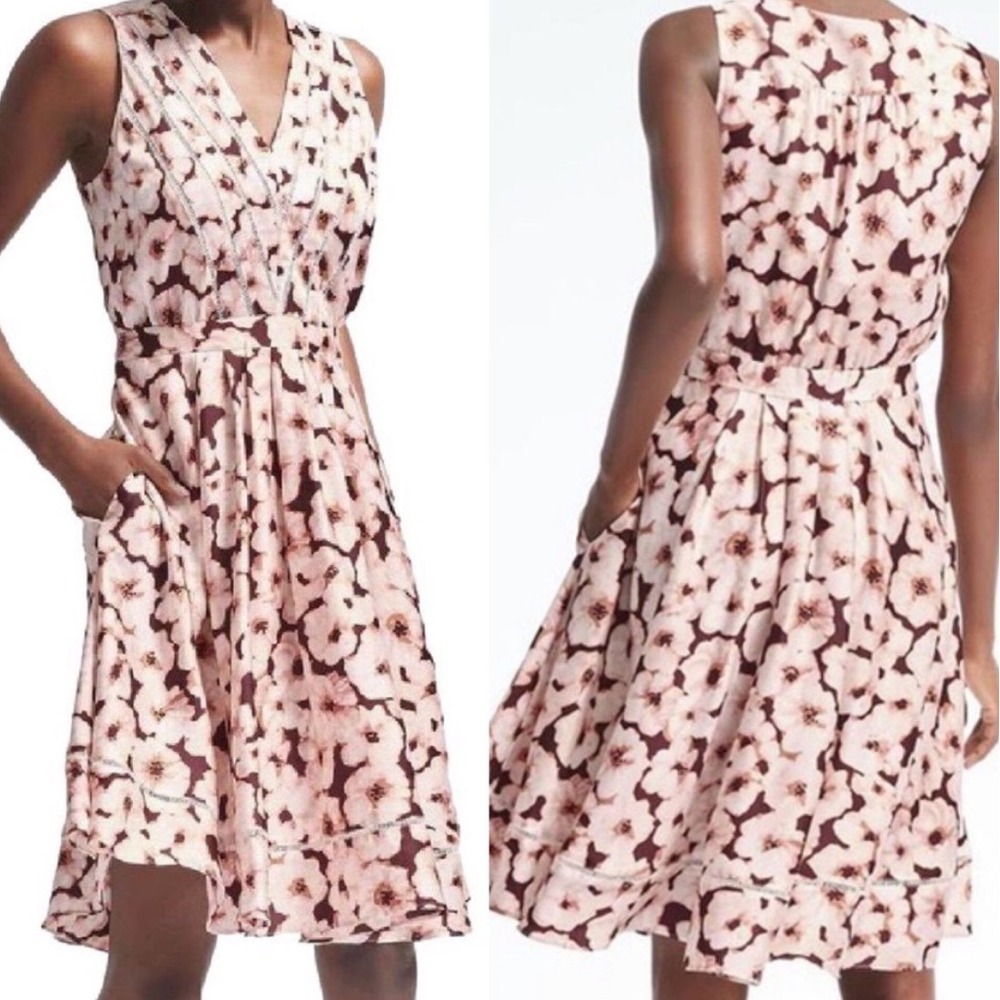 Banana Republic Floral V-Neck Midi Dress Pockets Tan Cream‎ 6 Cottagecore Spring